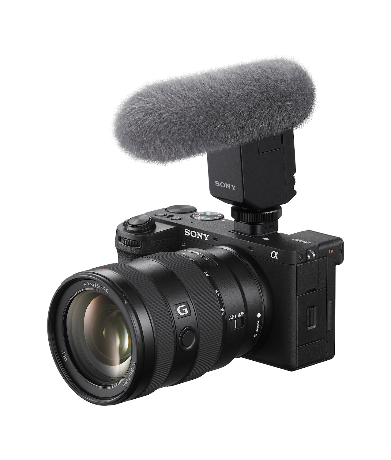 Sony Alpha 6700 with shotgun microphone ECM-B1M attached