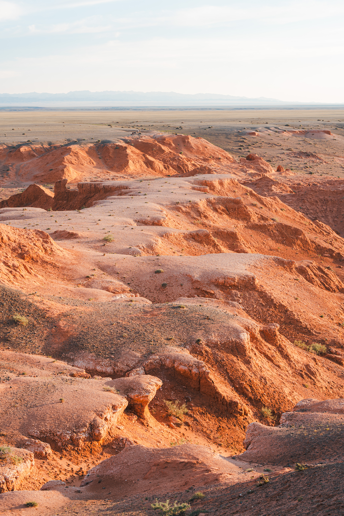 Wide shot of red cliffs in Mongolia