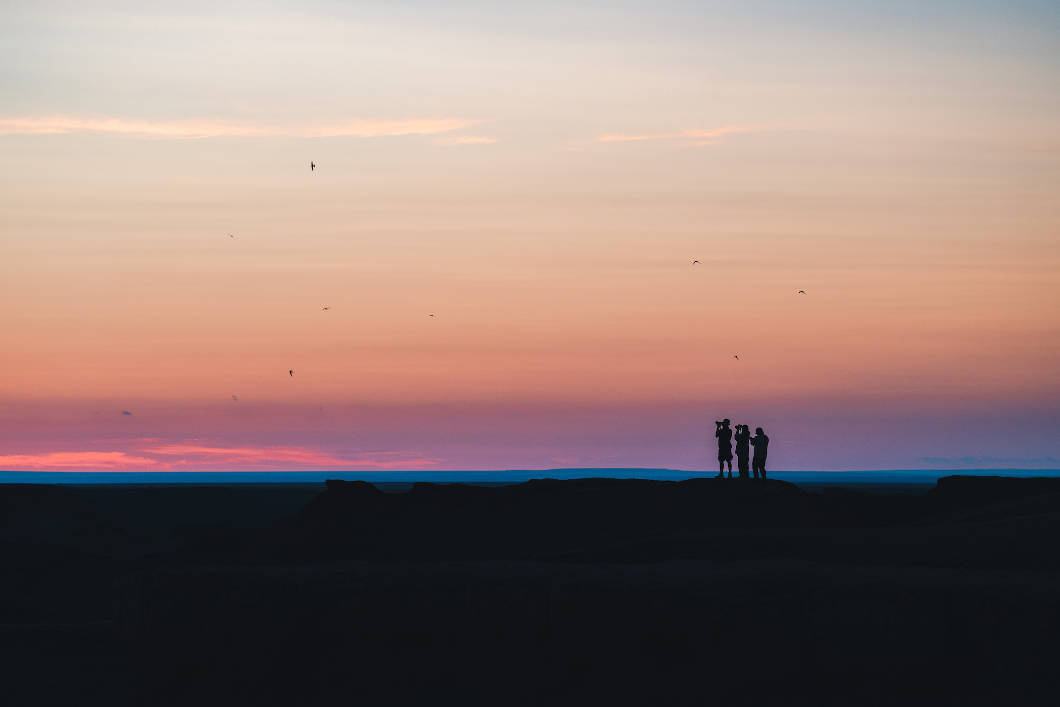 Silhouette of a group of people at a distance during dusk