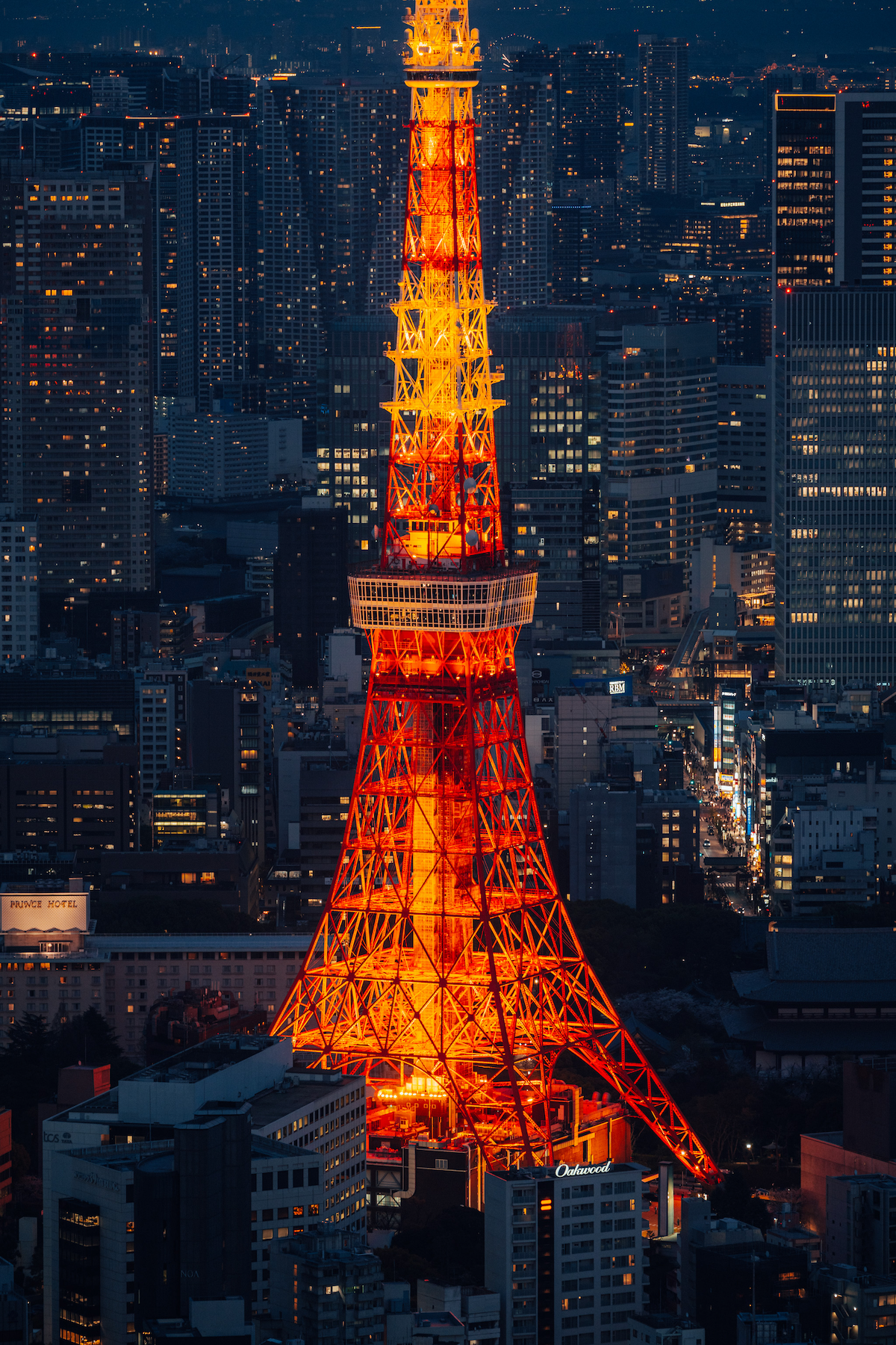 Tokyo Tower illuminated at night amidst a sea of buildings