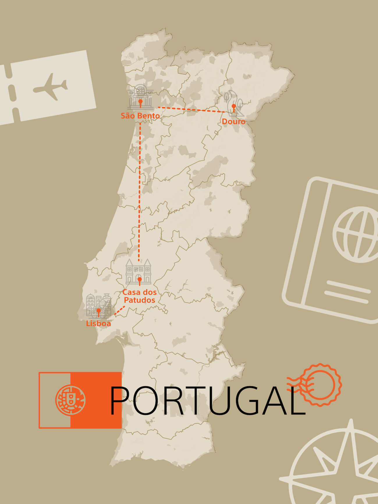 Map of Portugal with key points of interests and travel graphics