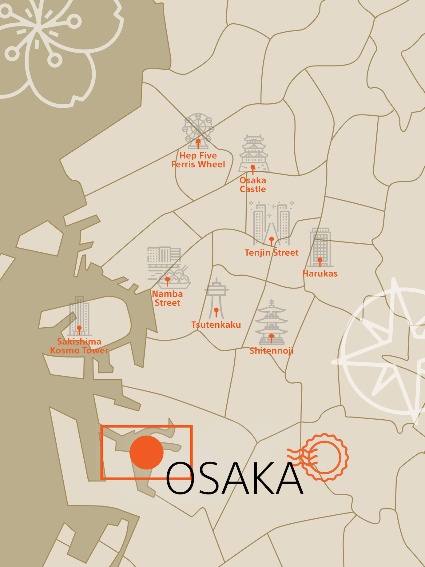 Map of Osaka, Japan with key points of interests and travel graphics