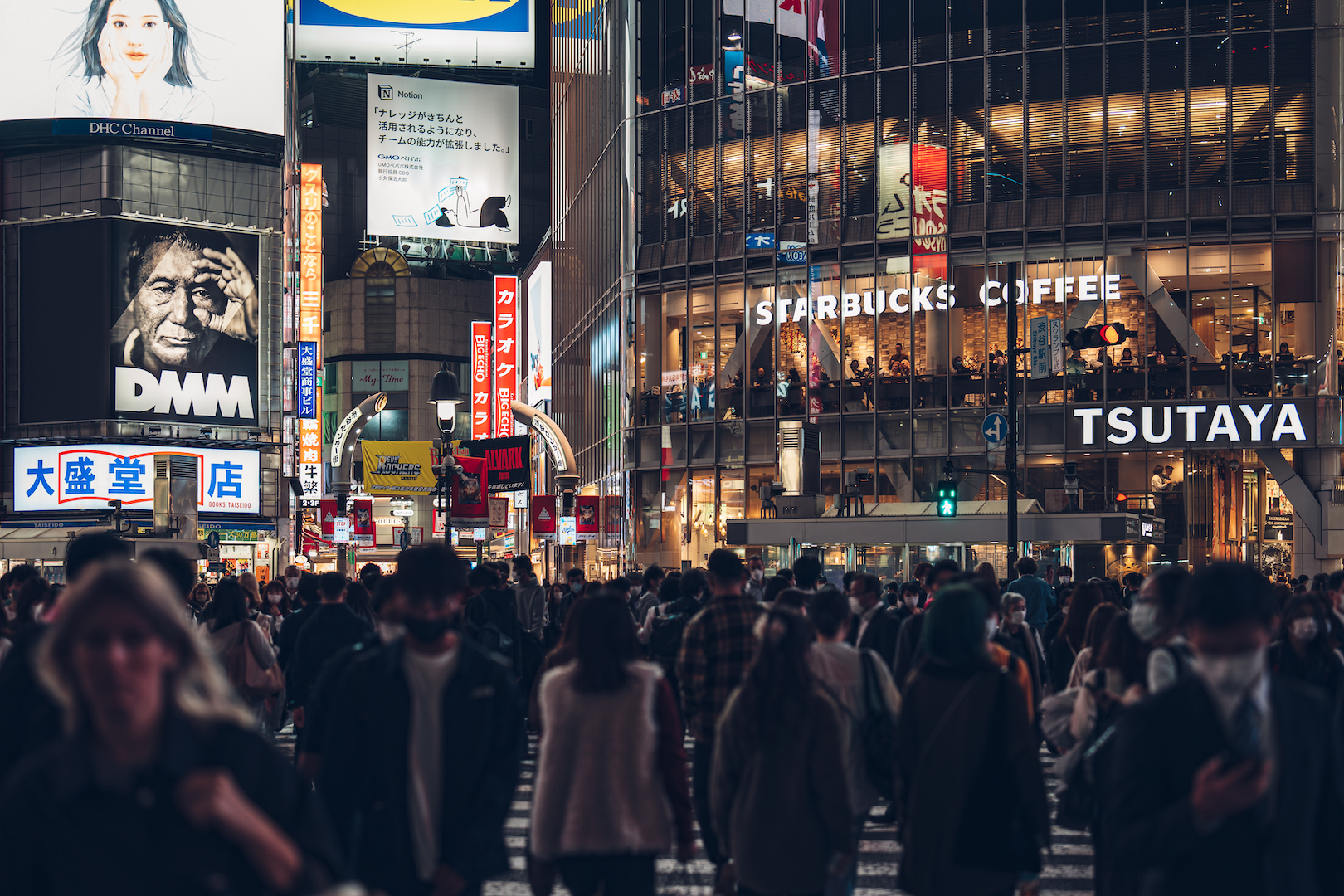 Crowd moving around at the Shibuya Scramble Crossing at night